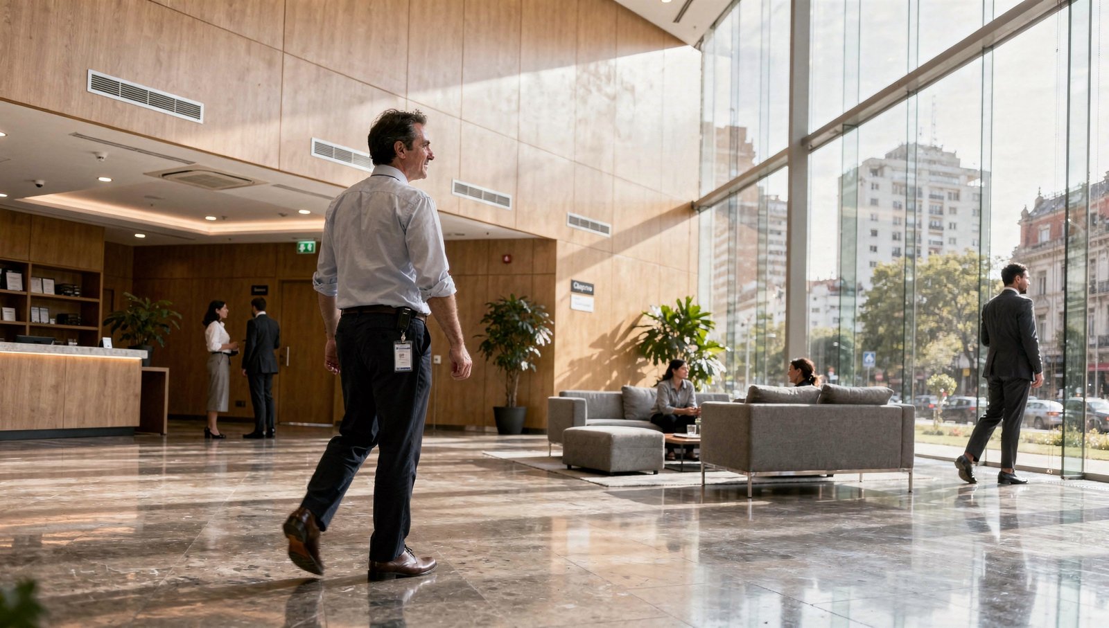 Responsable de facility management recorriendo el lobby de un edificio corporativo