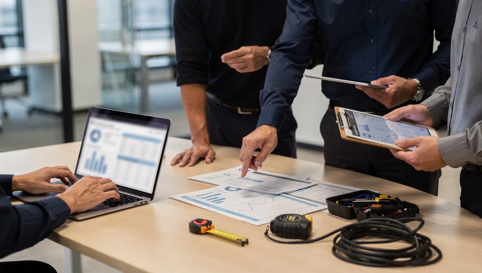 Equipo revisando información de mantenimiento en una mesa de trabajo