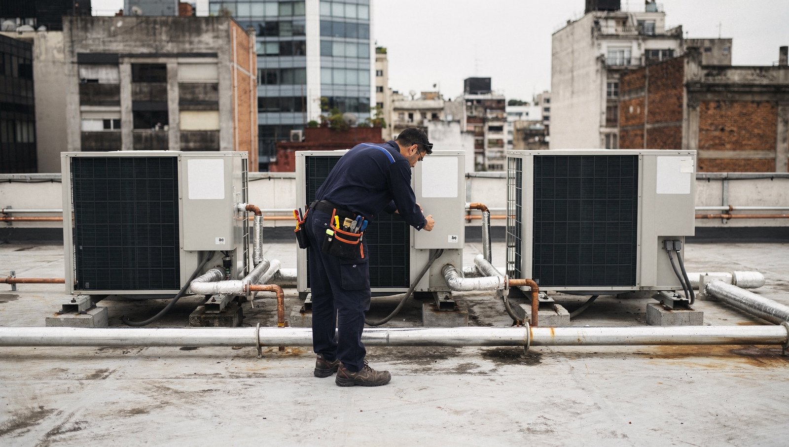Técnico revisando equipos HVAC en la cubierta de un edificio